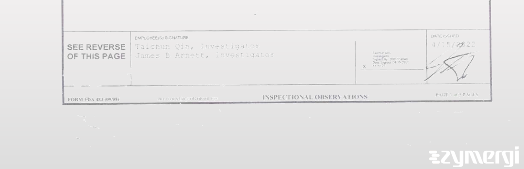 Taichun Qin FDA Investigator James B. Arnett FDA Investigator