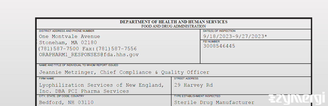 FDANews 483 Lyophilization Services of New England, Inc. DBA PCI Pharma Services Sep 27 2023 top