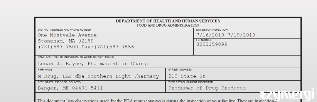 FDANews 483 M Drug, LLC dba Northern Light Pharmacy Jul 19 2019 top