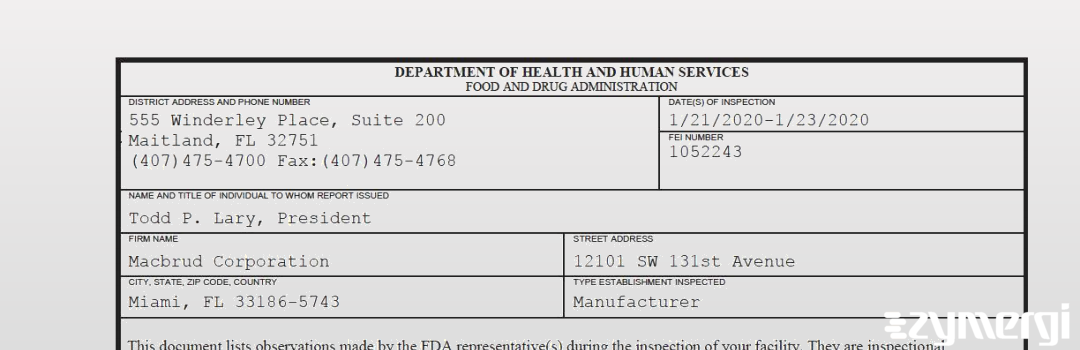 FDANews 483 Macbrud Corporation Jan 23 2020 top