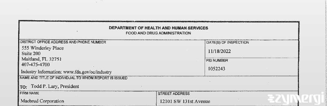 FDANews 483 Macbrud Corporation Nov 18 2022 top