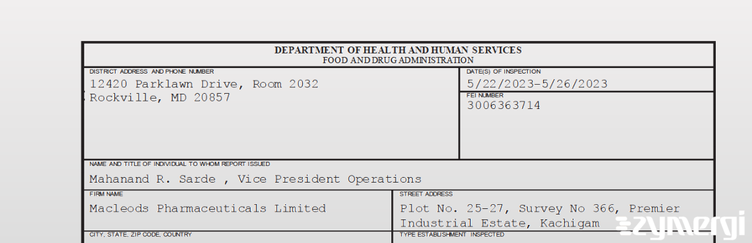 FDANews 483 Macleods Pharmaceuticals Limited May 26 2023 top