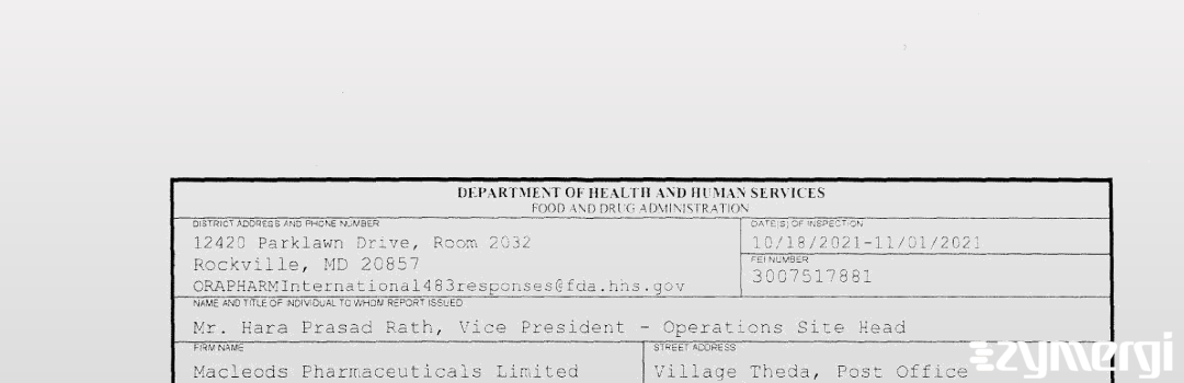 FDANews 483 Macleods Pharmaceuticals Limited Nov 1 2021 top