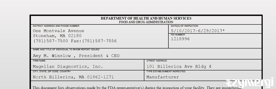 FDANews 483 Magellan Diagnostics, Inc. Jun 29 2017 top