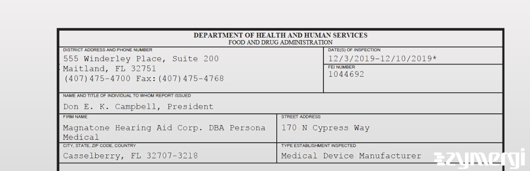 FDANews 483 Magnatone Hearing Aid Corp. DBA Persona Medical Dec 10 2019 top