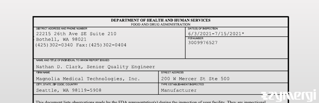 FDANews 483 Magnolia Medical Technologies, Inc. Jul 15 2021 top