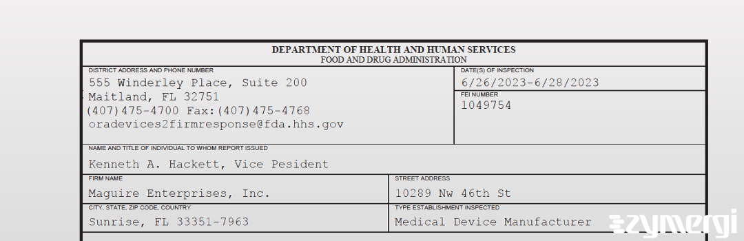 FDANews 483 Maguire Enterprises, Inc. Jun 28 2023 top