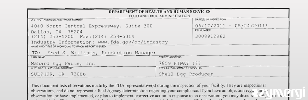 FDANews 483 Mahard Egg Farms, Inc May 24 2011 top