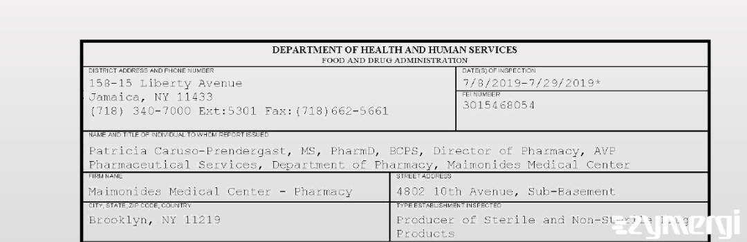 FDANews 483 Maimonides Medical Center - Pharmacy Jul 29 2019 top