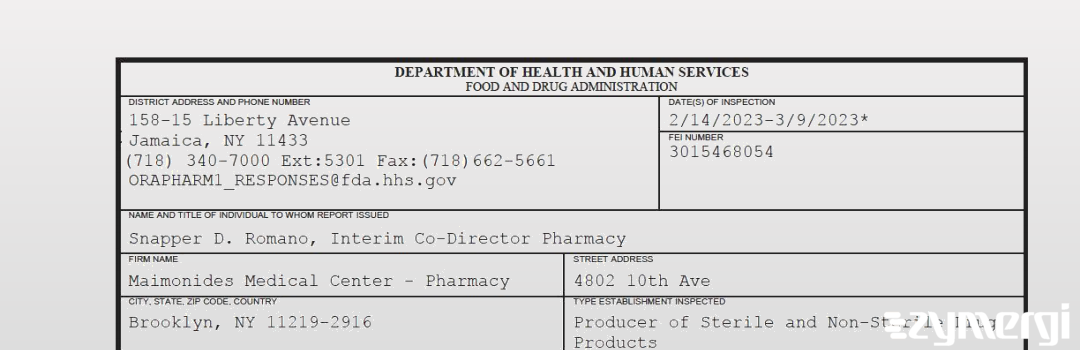 FDANews 483 Maimonides Medical Center - Pharmacy Mar 9 2023 top