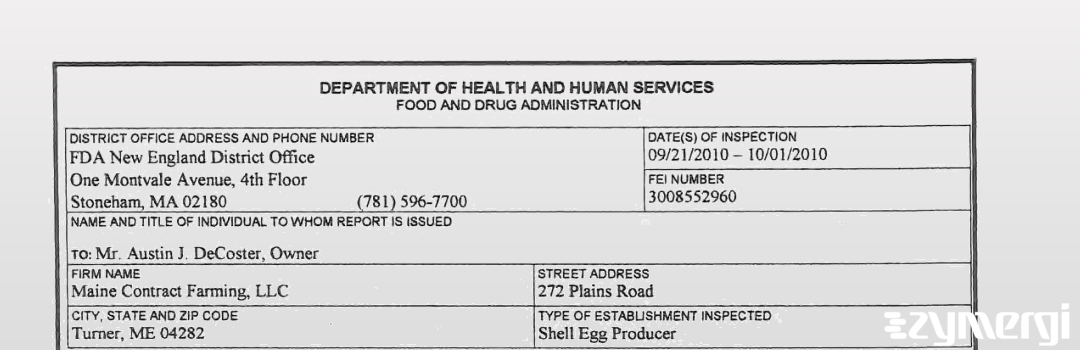 FDANews 483 Maine Contract Farming, Llc Oct 1 2010 top