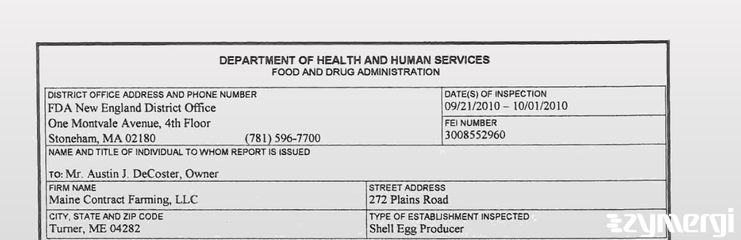 FDANews 483 Maine Contract Farming, Llc Oct 1 2010 top