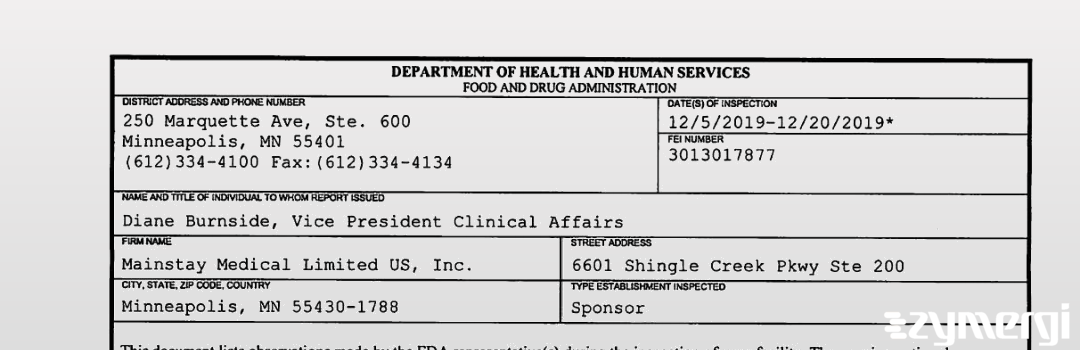 FDANews 483 Mainstay Medical Limited US, Inc. Dec 20 2019 top