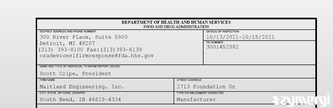 FDANews 483 Maitland Engineering. Inc. Oct 15 2021 top