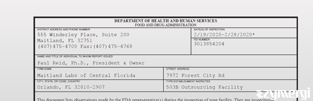 FDANews 483 Maitland Labs of Central Florida Feb 28 2020 top