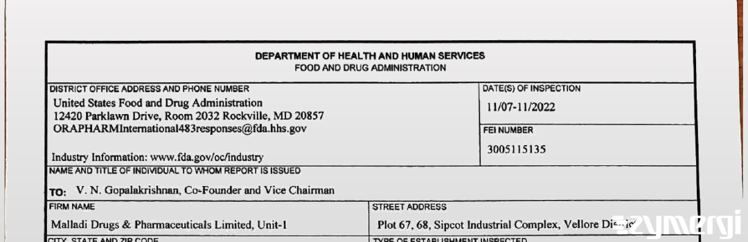 FDANews 483 Malladi Drugs & Pharmaceuticals Ltd. Unit 1 Nov 11 2022 top