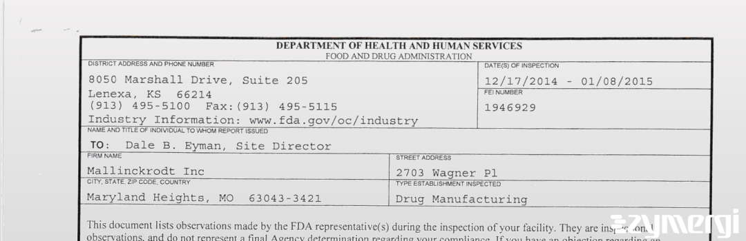 FDANews 483 Mallinckrodt Inc. Jan 8 2015 top