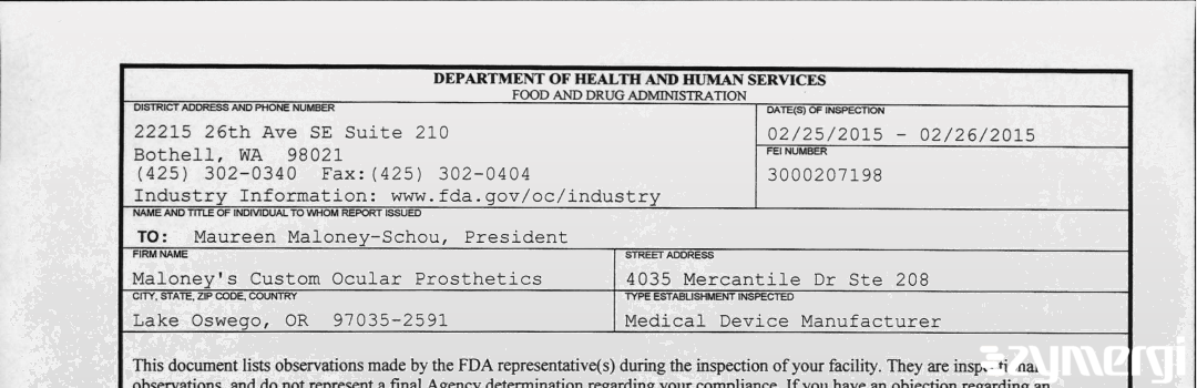 FDANews 483 Maloney's Custom Ocular Prosthetics, Inc. Feb 26 2015 top