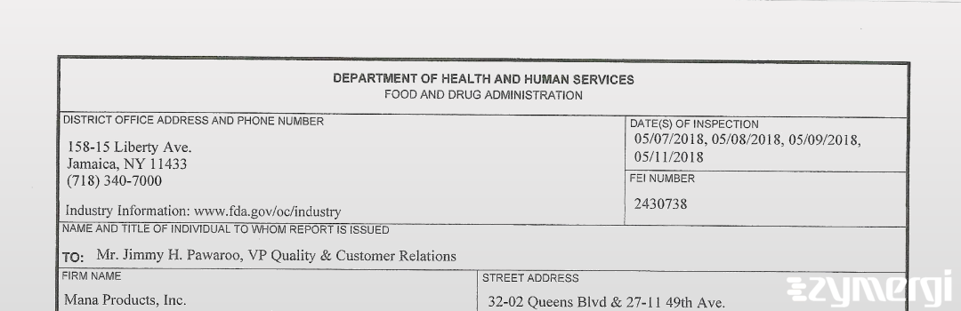 FDANews 483 Mana Products, Inc. May 11 2018 top