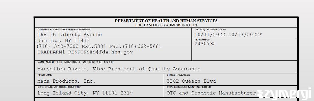 FDANews 483 Mana Products, Inc. Oct 17 2022 top