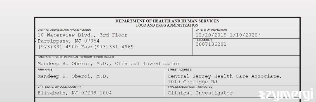 FDANews 483 Mandeep S. Oberoi, M.D. Jan 10 2020 top