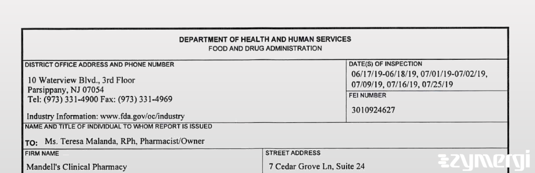 FDANews 483 Mandell's Clinical Pharmacy Jul 25 2019 top