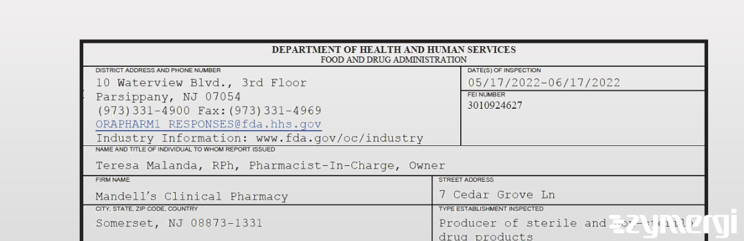 FDANews 483 Mandell's Clinical Pharmacy Jun 17 2022 top