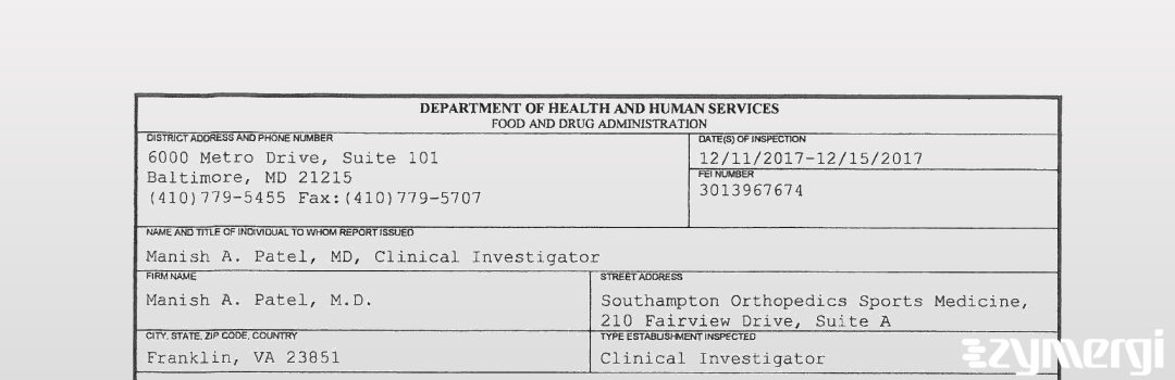 FDANews 483 Manish A. Patel, M.D. Dec 15 2017 top