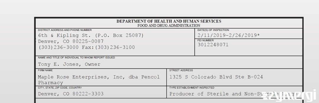 FDANews 483 Maple Rose Enterprises, Inc, dba Pencol Pharmacy Feb 26 2019 top