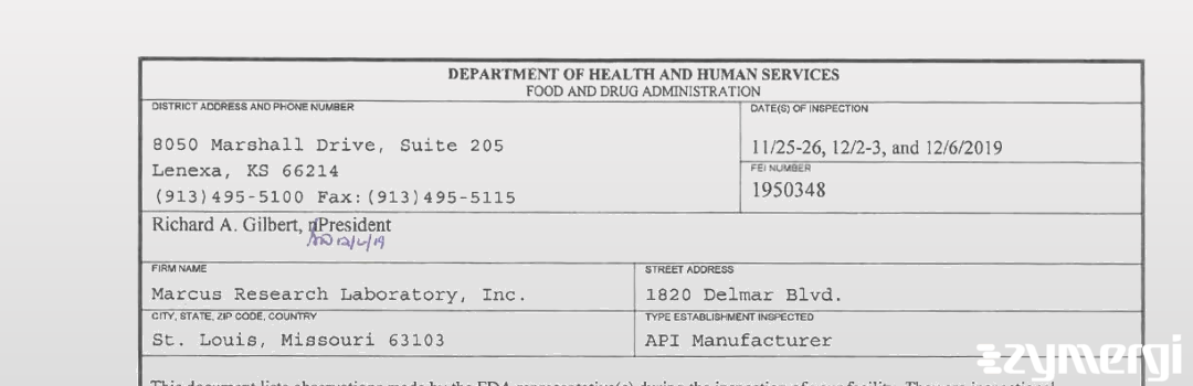 FDANews 483 Marcus Research Lab Inc Dec 6 2019 top