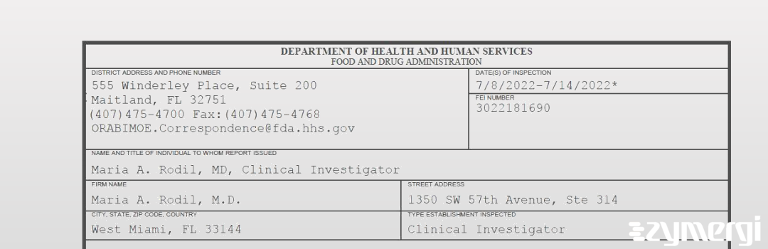 FDANews 483 Maria A. Rodil, M.D. Jul 14 2022 top