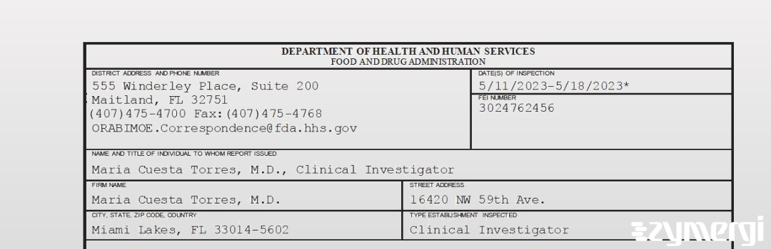 FDANews 483 Maria Cuesta Torres, M.D. May 18 2023 top