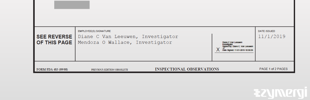 Diane C. Van Leeuwen FDA Investigator Mendoza O. Wallace FDA Investigator Van Leeuwen, Diane C FDA Investigator 