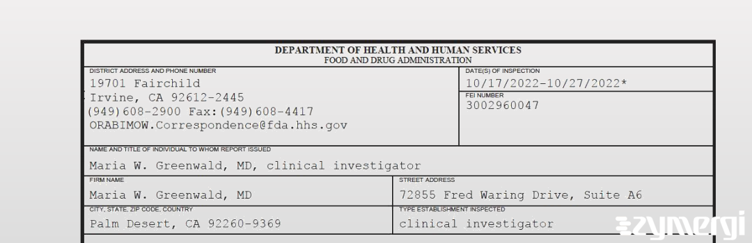 FDANews 483 Maria W. Greenwald, MD Oct 27 2022 top