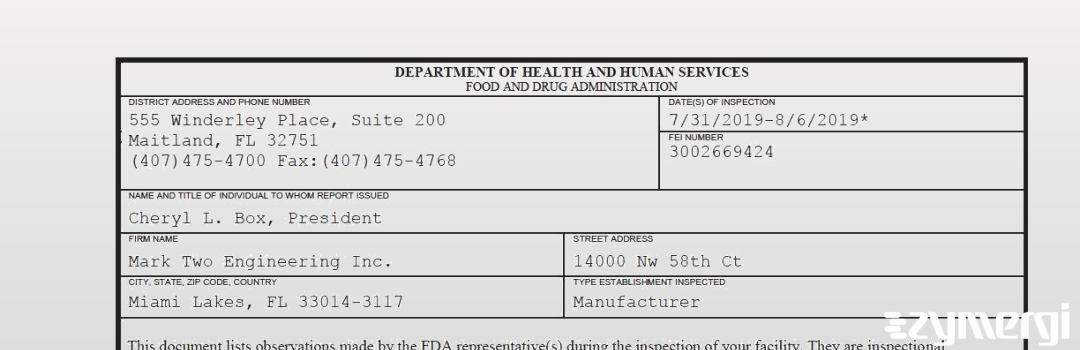 FDANews 483 Mark Two Engineering Inc. Aug 6 2019 top