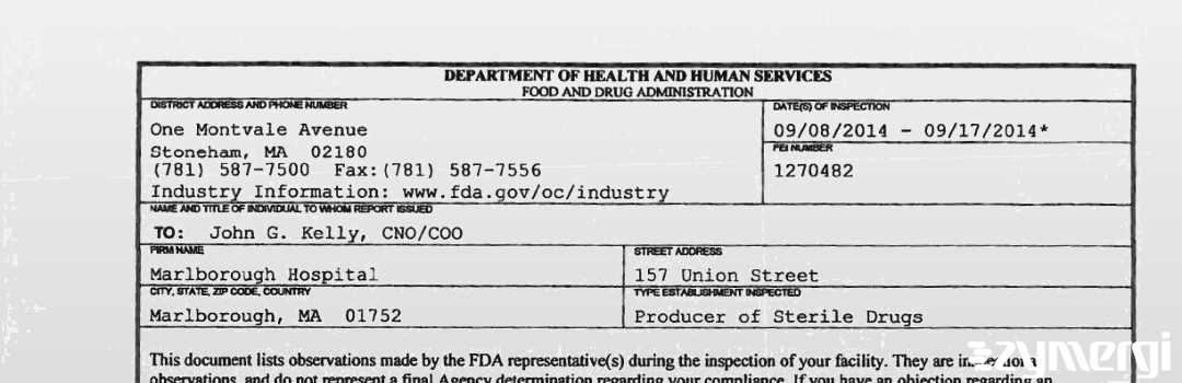 FDANews 483 Marlborough Hospital Sep 17 2014 top