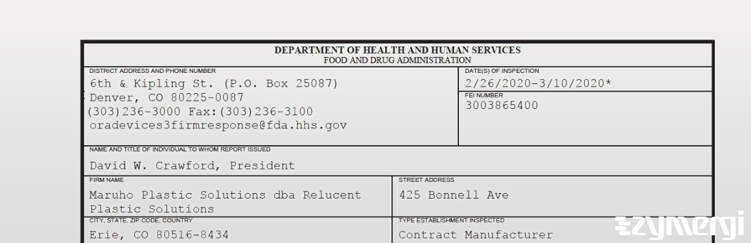 FDANews 483 Maruho Plastic Solutions dba Relucent Plastic Solutions Mar 10 2020 top