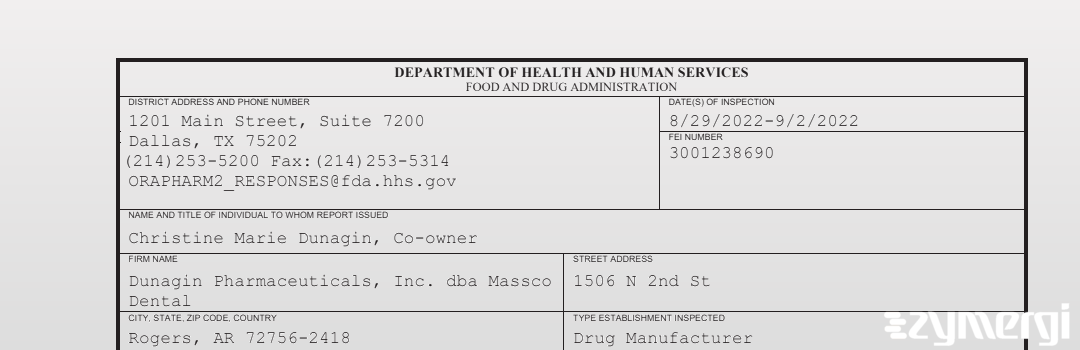 FDANews 483 Dunagin Pharmaceuticals, Inc. dba Massco Dental Sep 2 2022 top