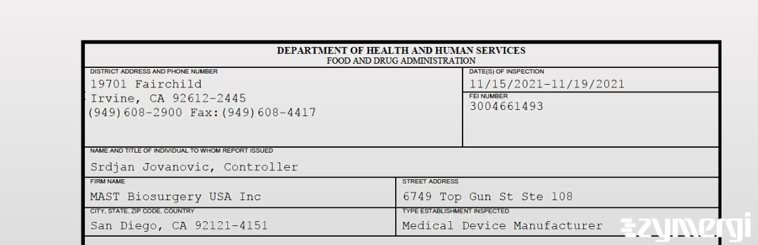 FDANews 483 MAST Biosurgery USA Inc Nov 19 2021 top