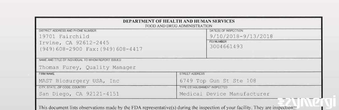 FDANews 483 MAST Biosurgery USA Inc Sep 13 2018 top