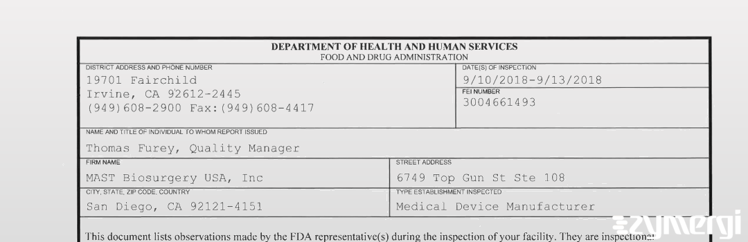 FDANews 483 MAST Biosurgery USA Inc Sep 13 2018 top