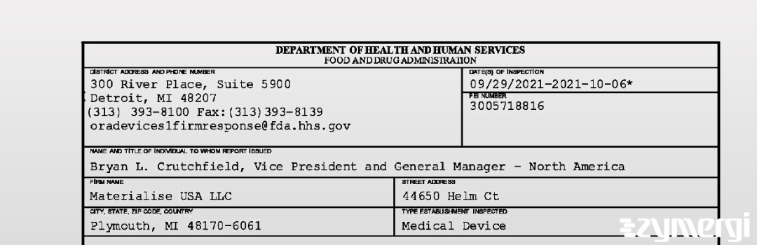 FDANews 483 Materialise USA LLC Oct 6 2021 top