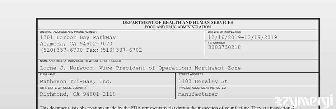 FDANews 483 Matheson Tri-Gas, Inc. Dec 19 2019 top