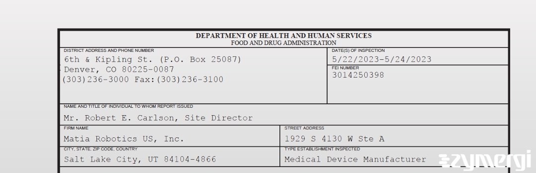 FDANews 483 Matia Robotics US, Inc. May 24 2023 top