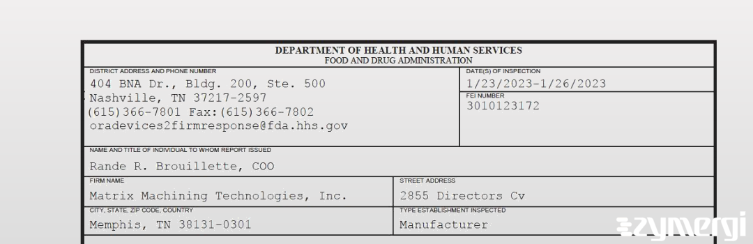 FDANews 483 Matrix Machining Technologies, Inc. Jan 26 2023 top