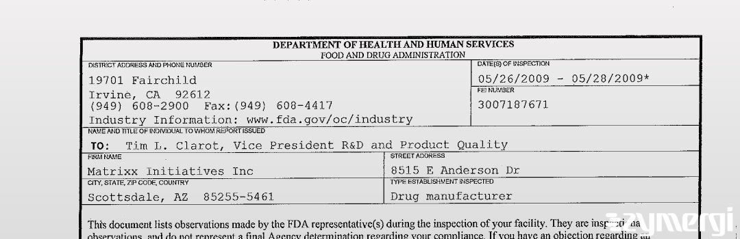 FDANews 483 Matrixx Initiatives, Inc. May 28 2009 top