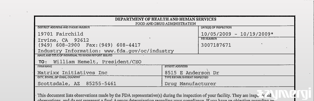 FDANews 483 Matrixx Initiatives, Inc. Oct 19 2009 top