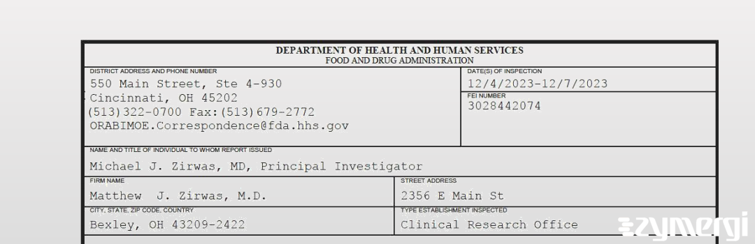 FDANews 483 Matthew  J. Zirwas, M.D. Dec 7 2023 top