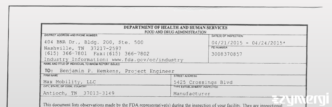 FDANews 483 Max Mobility LLC Apr 24 2015 top