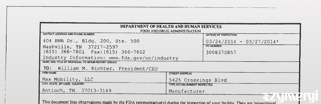 FDANews 483 Max Mobility LLC Mar 27 2014 top